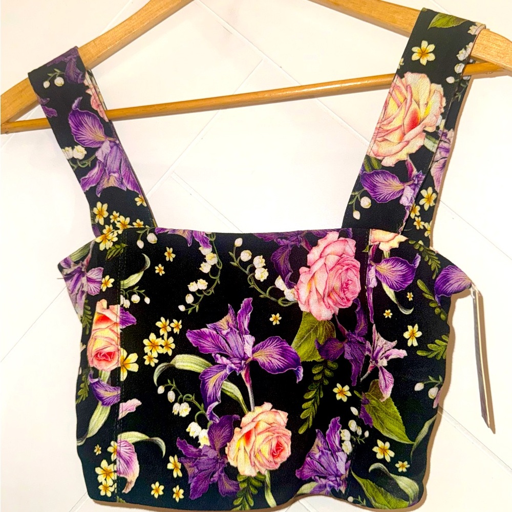 Agua Bendita Leah Dreamin smocked crop Top black, purple, pink floral $130 NWT